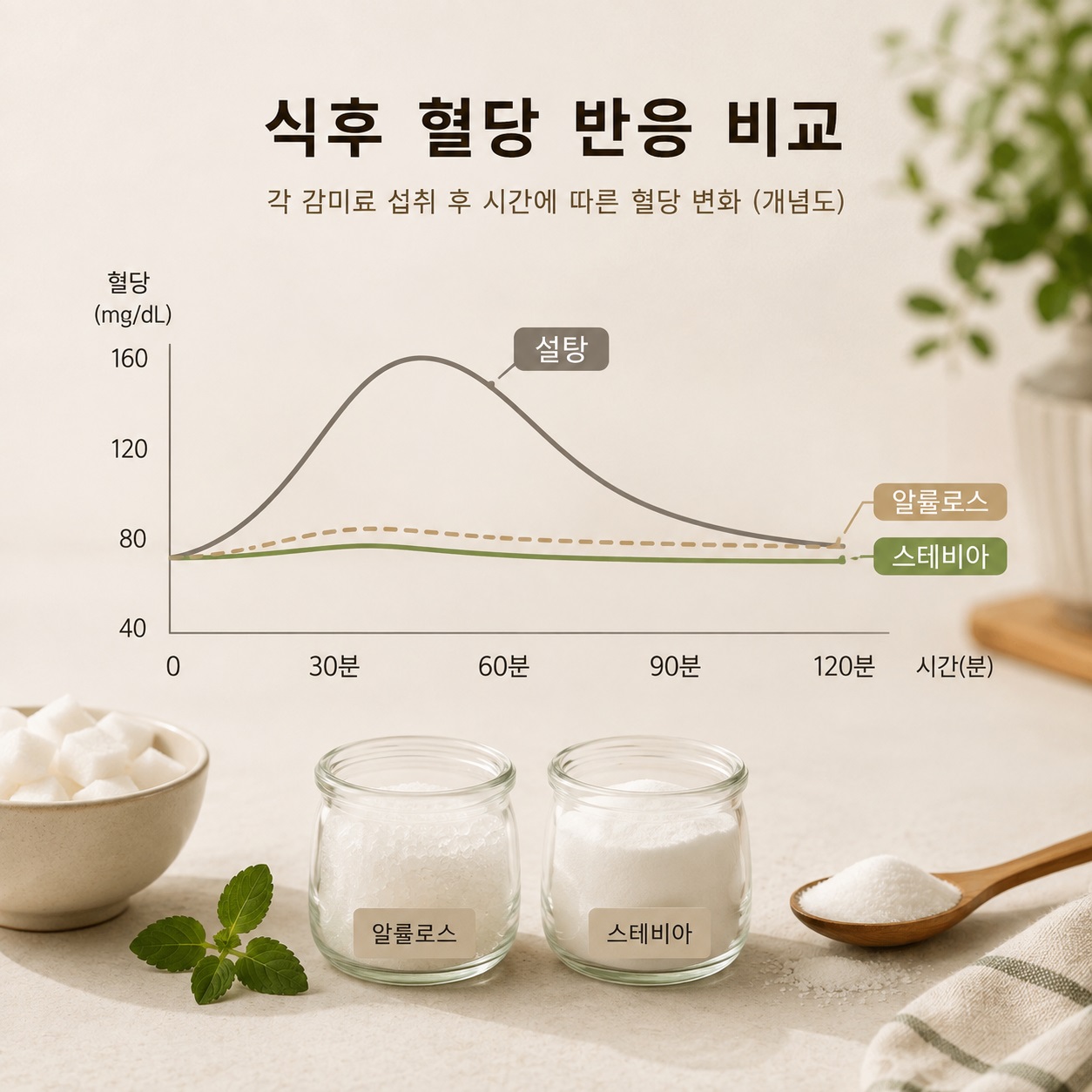 설탕과 알룰로스 스테비아의 식후 혈당 반응을 비교한 개념도