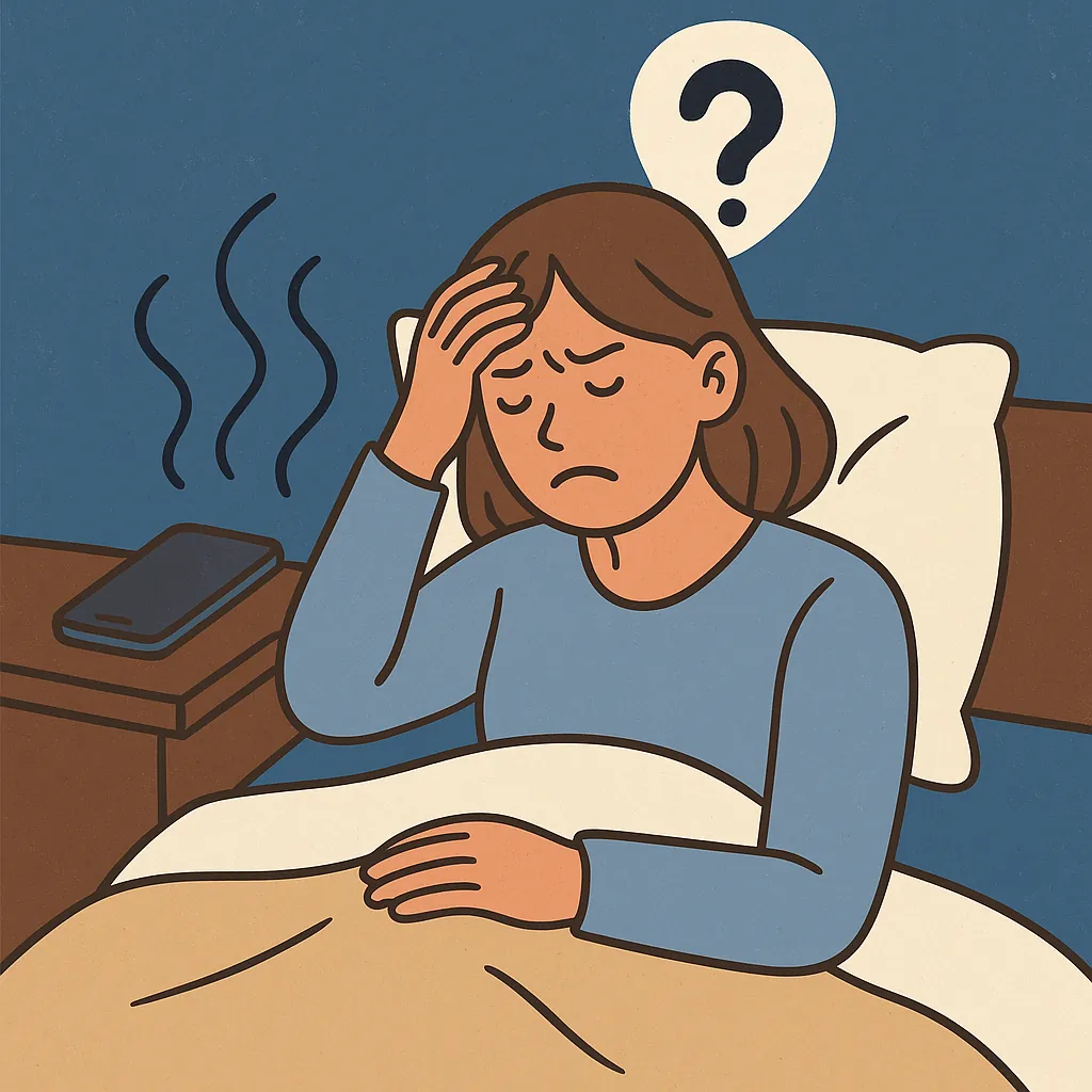침대-머리맡에-휴대폰을-두고-자는-여성이-두통으로-불편해하는-장면을-묘사한-일러스트로-질문표시와-스마트폰에서-나오는-파장이-강조됨