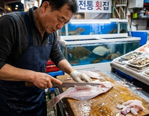 수산시장에서 회를 뜨는 모습