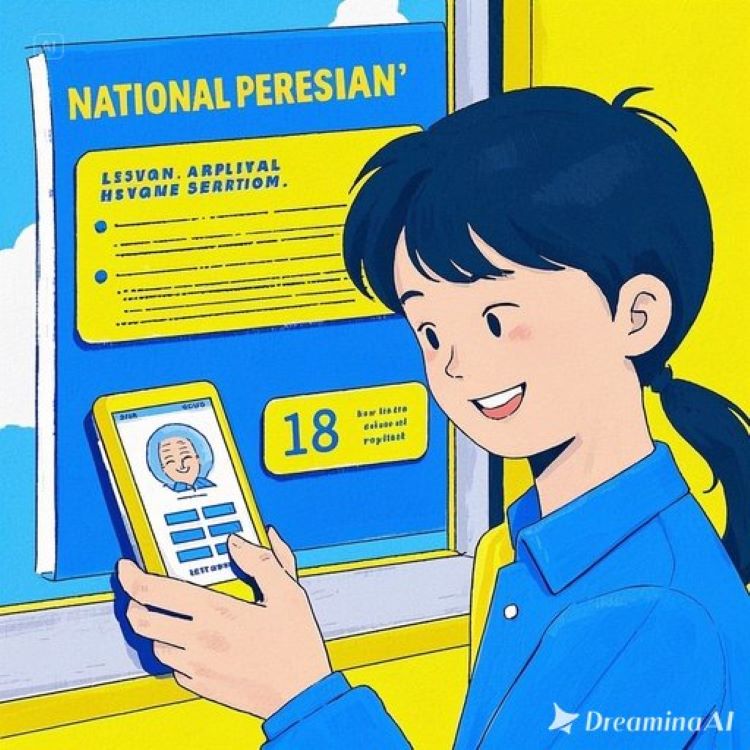 18세 청년이 국민연금 앱을 확인하며 미소 짓는 장면, 배경에 연금 통지서와 미래의 노후 생활 그래픽. 밝은 파란색과 노란색 톤으로 희망과 활기 강조.