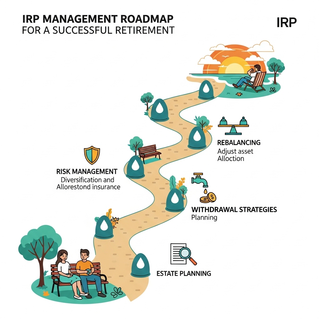 성공적인 은퇴를 향한 IRP 운용 로드맵. 위험 관리, 리밸런싱, 인출 전략 등 핵심 단계를 시각적으로 보여줍니다.