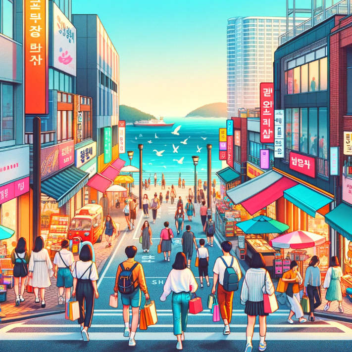 화려한 상점가가 있는 광복동 패션 거리에서 쇼핑하는 관광객들, 남포동과 자갈치 시장의 인근 전망, 멀리 바다가 한눈에 들어오는 활기찬 여행 풍경. 쇼핑백과 노점상, 화창한 날 배경 등 활기차고 현대적인 분위기입니다