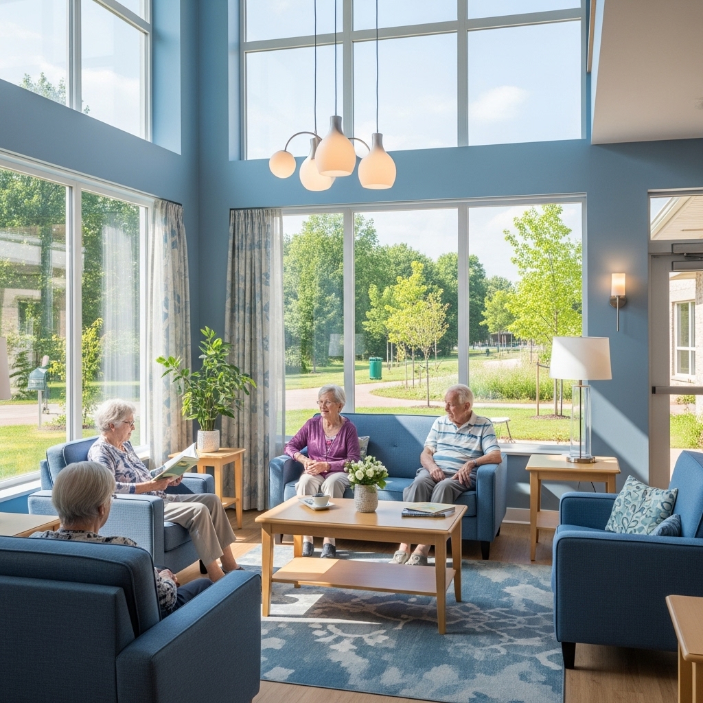 삼성병원 인근의 현대적이고 평화로운 요양원 로비에서 어르신들이 편안하게 휴식하거나 대화하는 모습. 높은 수준의 전문 돌봄 서비스를 상징.