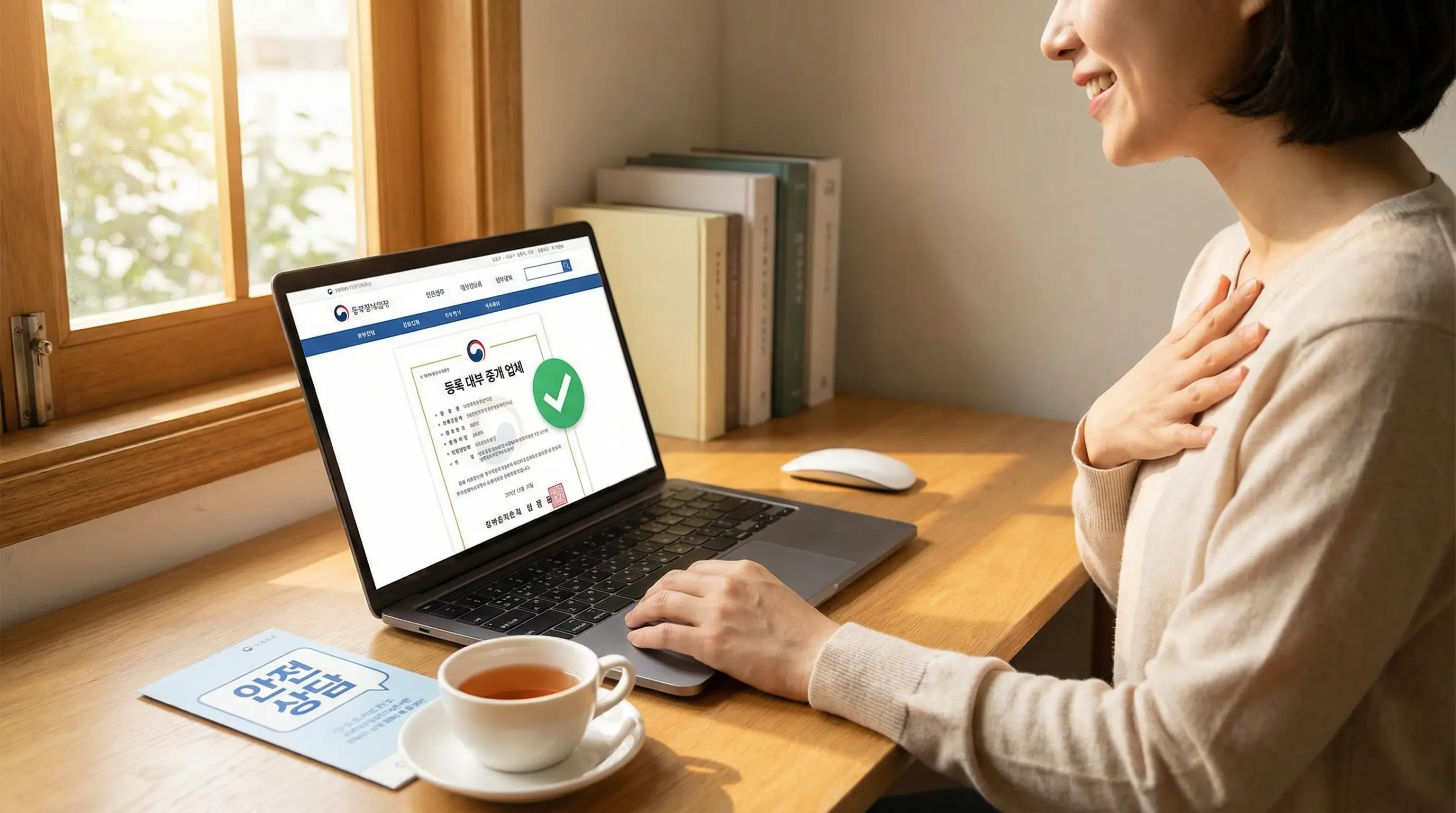 정식 등록된 대부 중개 업체를 확인하고 안전하게 대출 상담을 진행하며 안도하는 모습