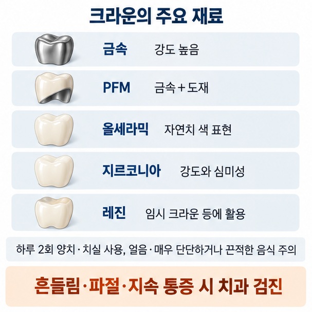 금속 PFM 올세라믹 지르코니아 레진 크라운의 특징과 양치 치실 단단한 음식 주의 등 치료 후 관리법을 정리한 이미지