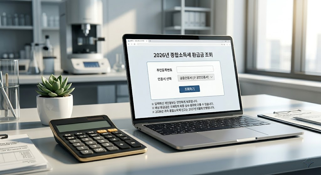 2026년 종합소득세 환급금 조회 홈페이지 접속 화면이 띄워진 노트북 사진