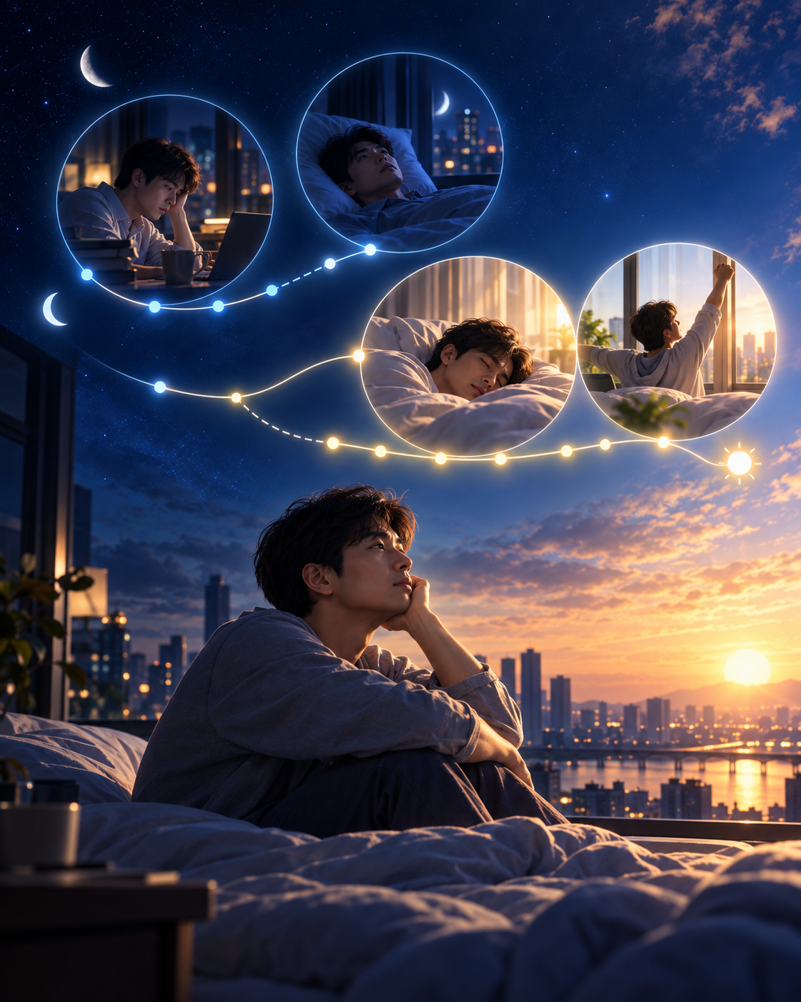 A cinematic sleep-health illustration showing a tired adult man sitting awake on his bed as night gradually turns into sunrise over a city. Four circular scenes above him trace a glowing sleep timeline from late-night wakefulness and lying awake to deeper sleep and morning awakening, visually representing changing sleep duration, recovery sleep, and the transition from night to day.
