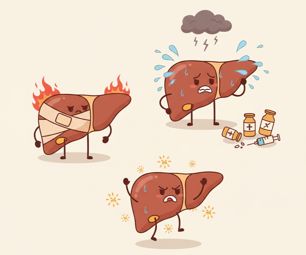 지친 표정을 짓고 힘들어하는 간 캐릭터를 묘사한 애니메이션 스타일의 이미지입니다. 간의 표정뿐만 아니라 전체적인 분위기를 통해 간 건강의 중요성을 시각적으로 전달하고 있습니다.