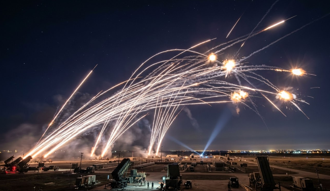 미국과 이스라엘의 이란 공습 및 중동 전쟁 밤하늘을 수놓는 미사일 요격 장면이나 공습 후 연기가 피어오르는 도심 전경