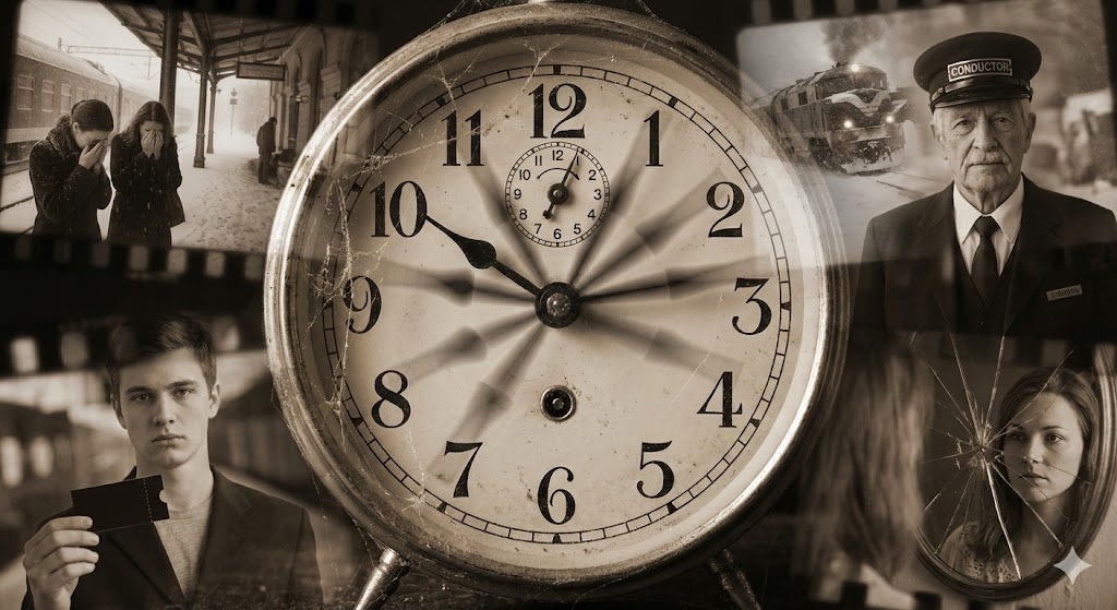 "Clock hands turning backward with blurry afterimages of past events overlapping behind them."