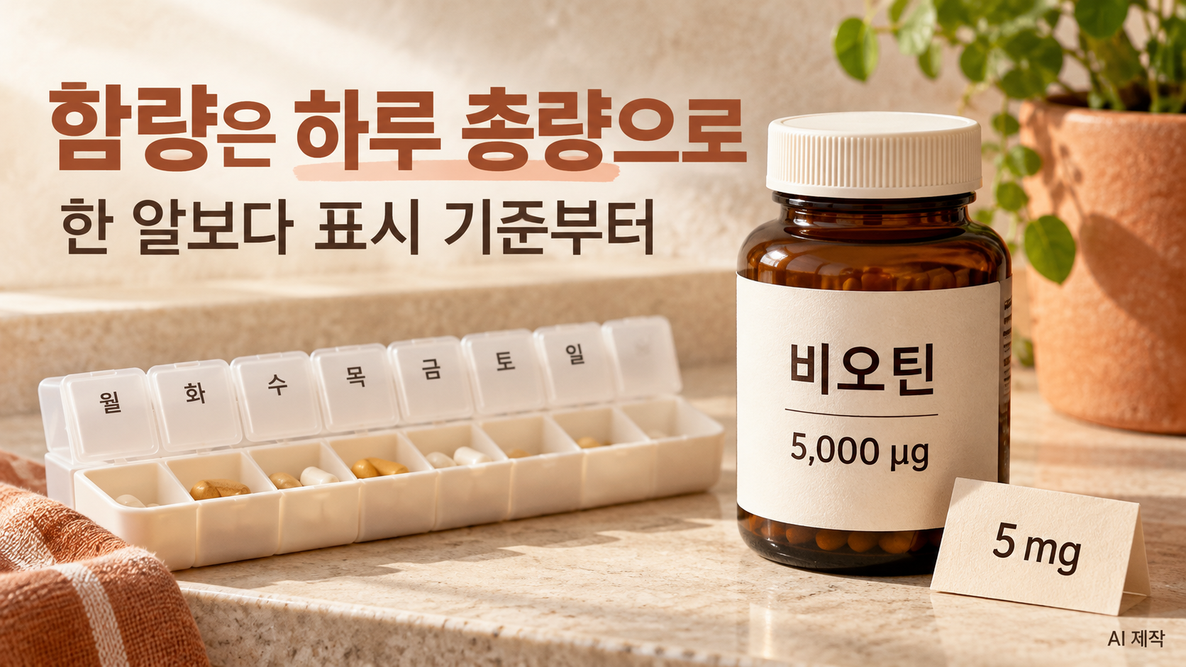 비오틴 5,000μg이 표시된 갈색 병과 5mg 메모, 주간 약통