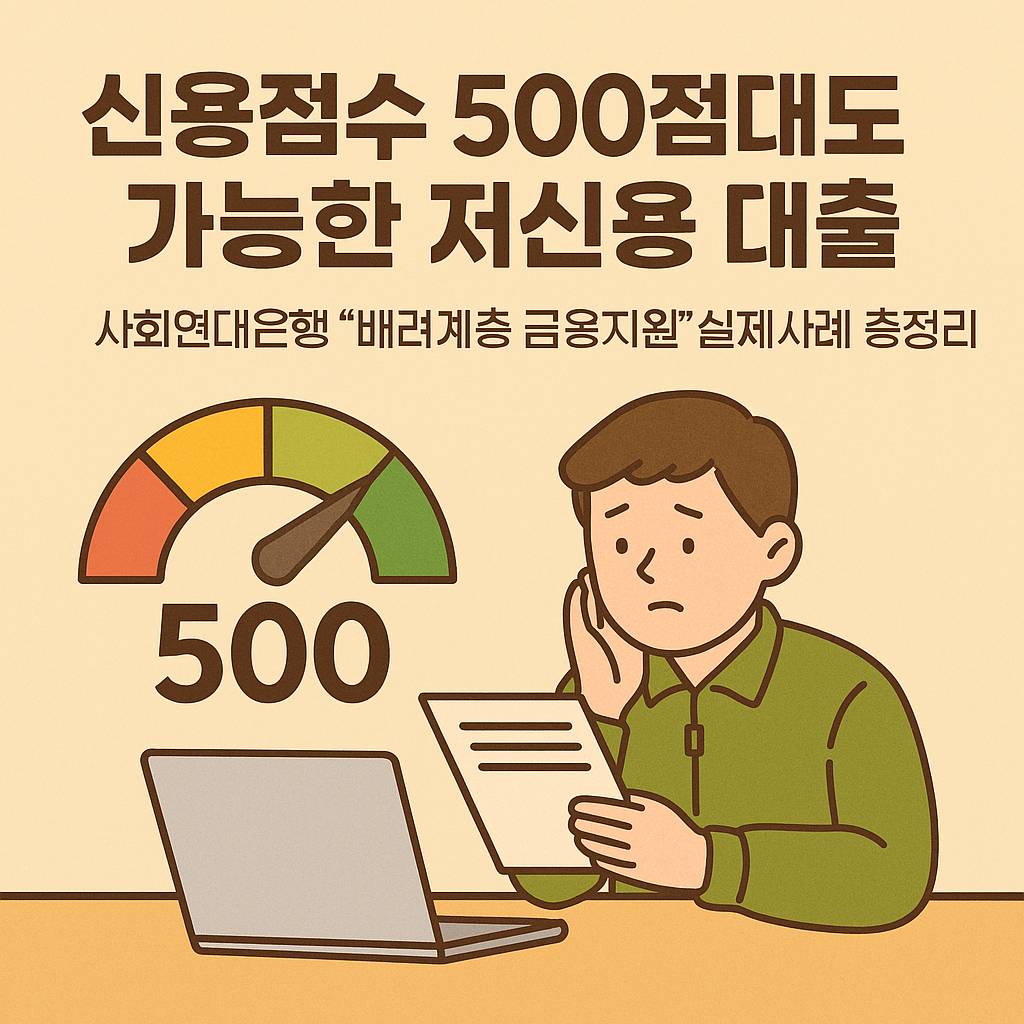 신용점수가 500점대인 청년이 사회연대은행의 배려계층 금융지원 상담을 받는 따뜻한 장면을 담은 일러스트