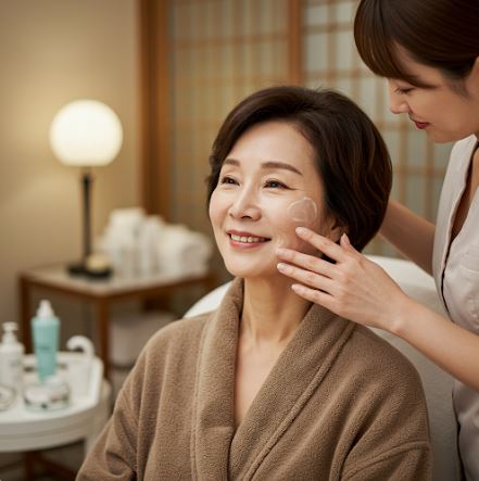 피부관리하는 중년여성 이미지
