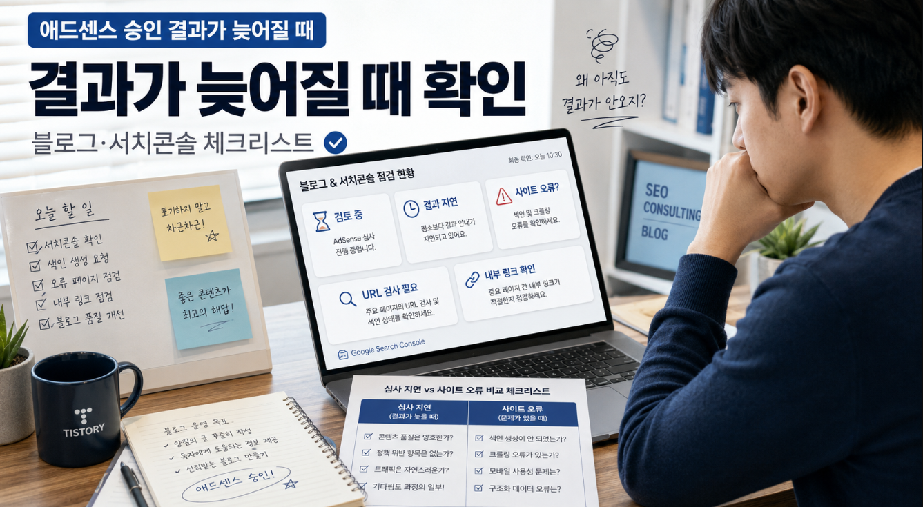 애드센스 재심사 결과 지연 중 티스토리 블로그와 구글 서치 콘솔 오류 여부를 확인하는 블로거 이미지