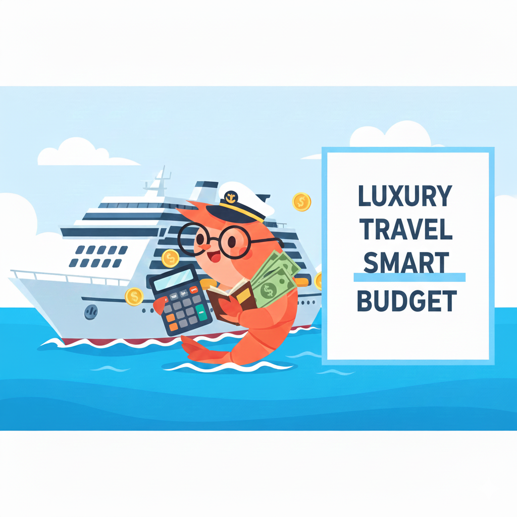 크루즈 여행 비용을 똑똑하게 아끼는 방법을 소개하는 썸네일입니다.
계산기를 들고 있는 짠돌이 새우 캐릭터와 크루즈 선박 이미지를 통해
럭셔리 여행과 재테크의 결합이라는 글의 핵심 메시지를 시각적으로 표현했습니다.
