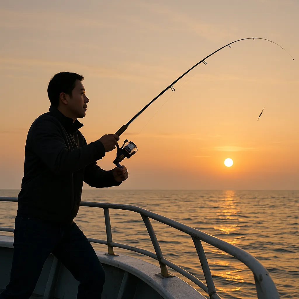 해 뜨는 바다에서 배 위로 낚싯대를 던지는 모습