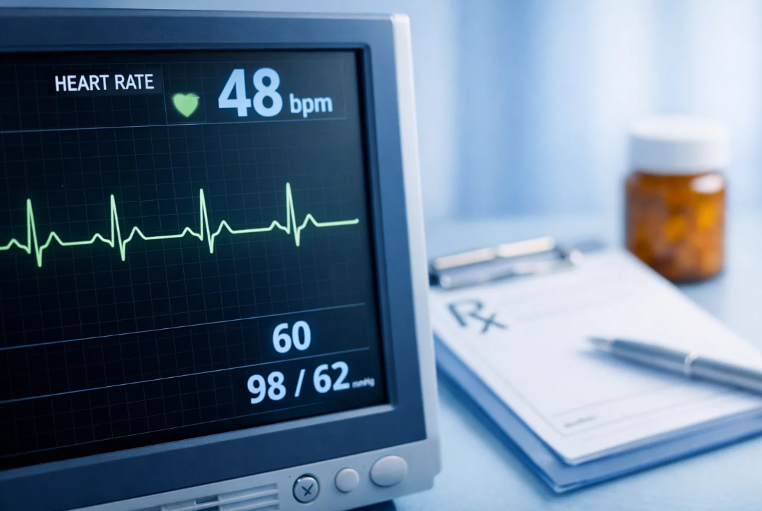 심전도 모니터에 표시된 서맥 심박수와 혈압 수치, 임상 모니터링 장면