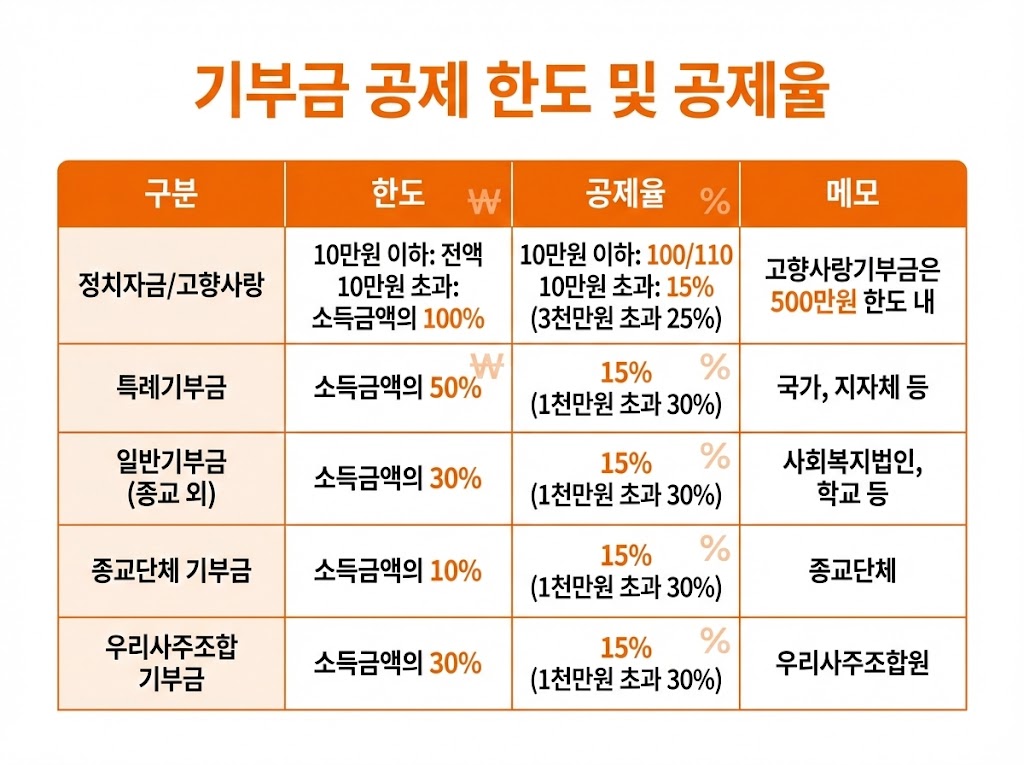 2026 연말정산 기부금 공제 한도&middot;공제율 &ldquo;한 장 요약&rdquo; + 자주 하는 실수 TOP