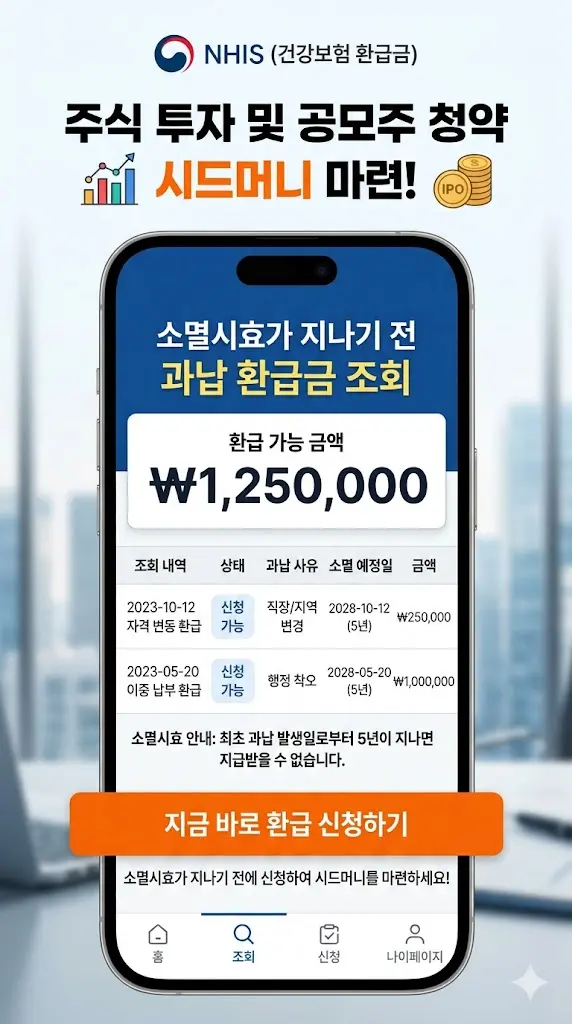 주식 투자 및 공모주 청약 시드머니 마련을 위해 소멸시효가 지나기 전 건강보험료 과납 환급금을 조회하는 앱 화면