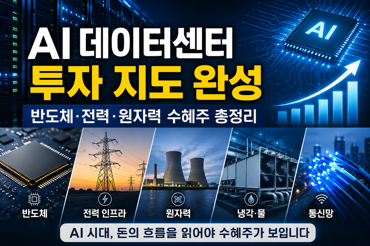 AI 데이터센터 투자 지도 완성, 반도체&middot;전력 인프라&middot;원자력&middot;냉각&middot;통신망 수혜주를 한눈에 정리한 인포그래픽
