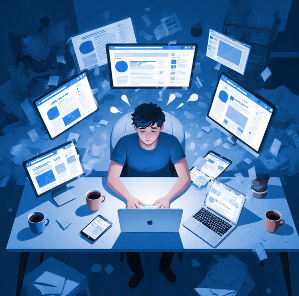 책상에 앉아 있는 사람이 여러 개의 디지털 기기노트북, 태블릿, 스마트폰에 둘러싸여 힘들어 하고 있다