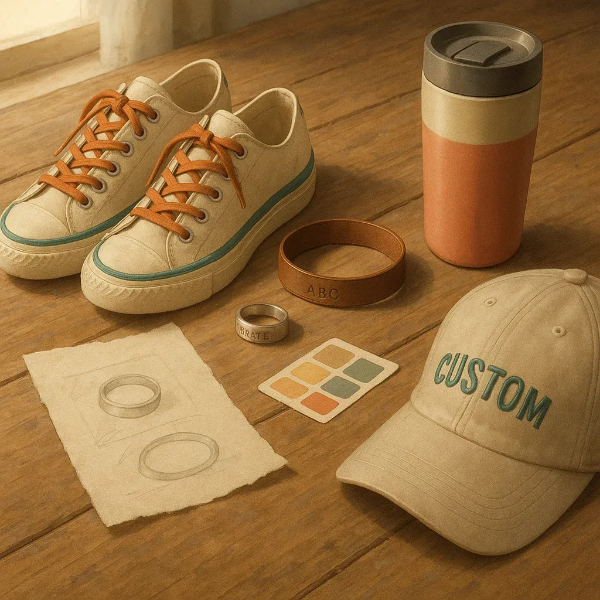 따뜻한 햇살 아래 나무 테이블 위에 커스터마이징 가능한 신발, 텀블러, 모자, 팔찌, 색상 샘플 등이 정갈하게 놓인 감성적인 정물 일러스트