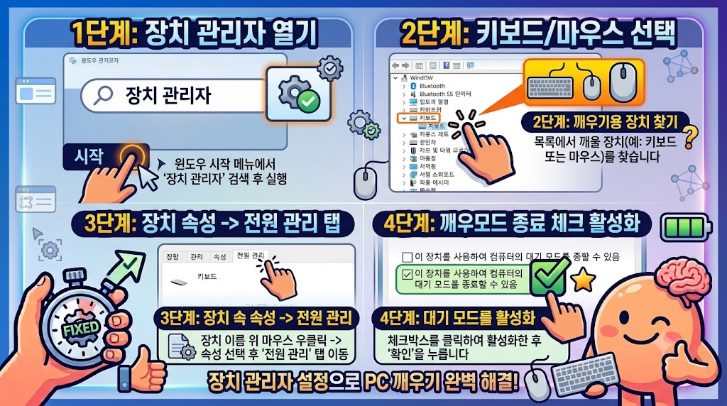 장치 관리자 마우스 속성 전원 관리 탭에서 대기 모드 종료 허용 옵션 체크 화면