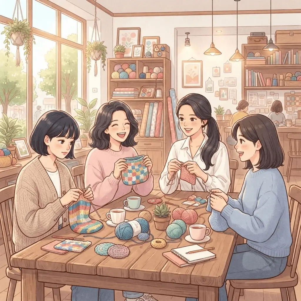 뜨개질 취미커뮤니티에서 사람들과 함께 이색 취미를 즐기는 여성들, 원데이클래스와 새로운 취미추천을 통해 소통함