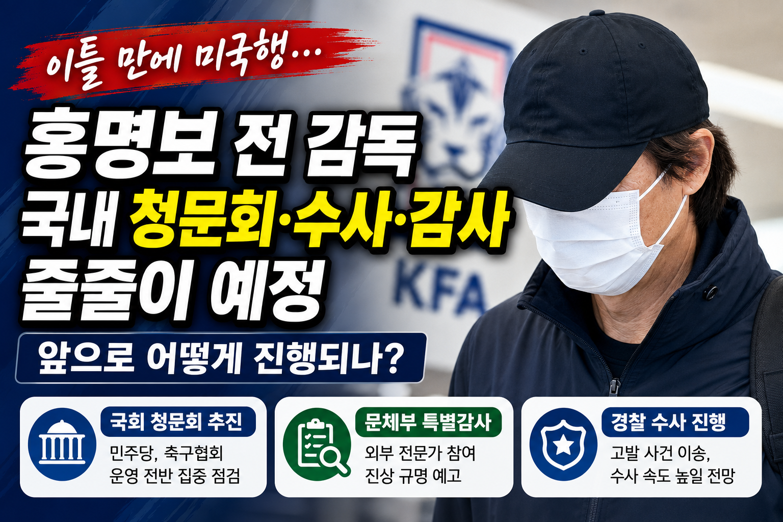 홍명보 전 축구대표팀 감독의 미국행 이후 국회 청문회, 문화체육관광부 특별감사, 경찰 수사 가능성을 정리한 정보 공유 이미지