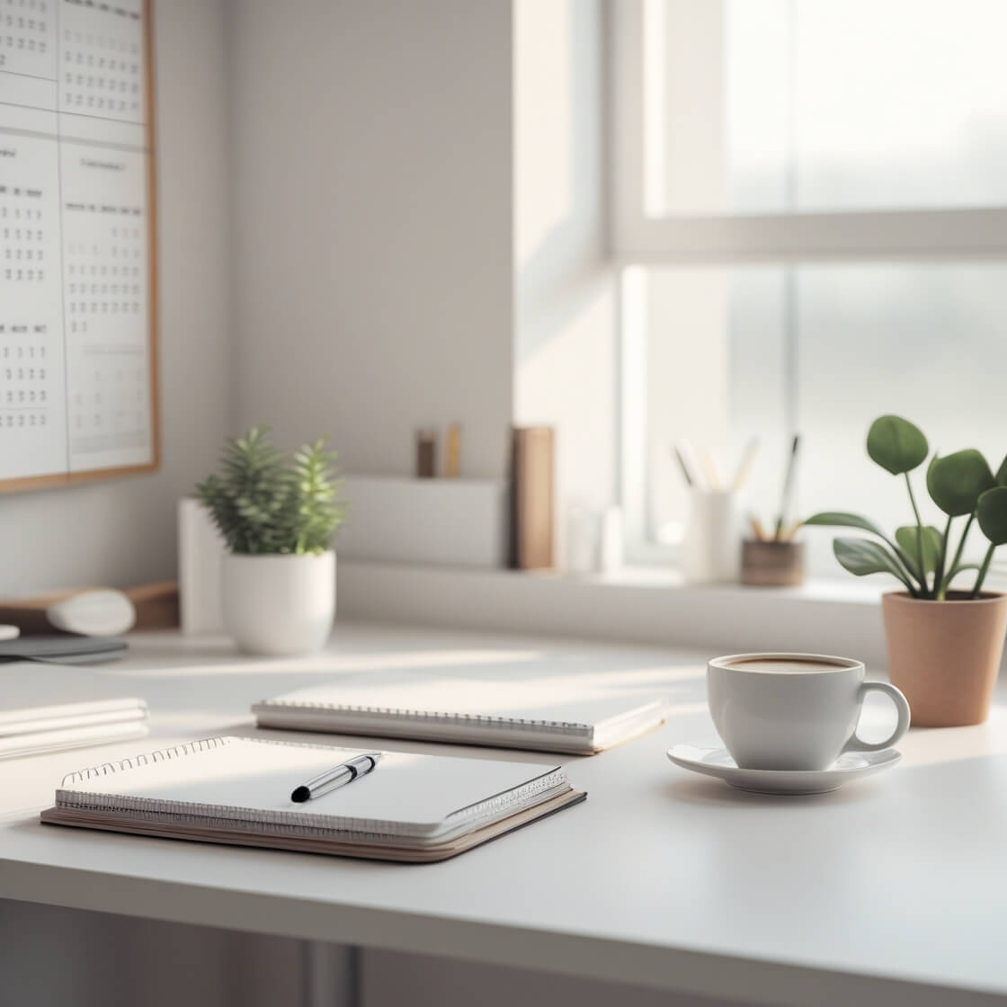 깔끔하게 정리된 테이블위에 노트와 펜 커피한잔이 놓여있다