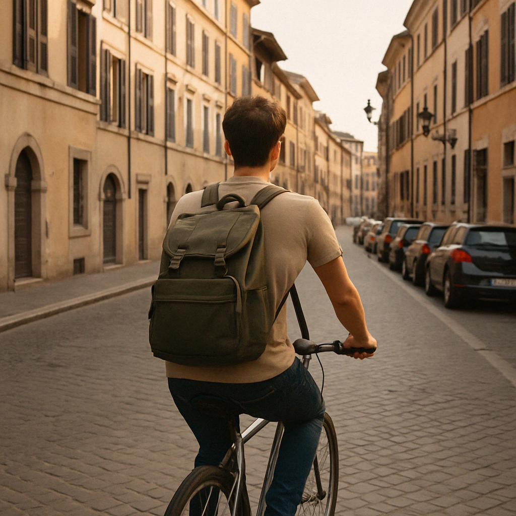 유럽 거리에서 자전거 타고 이동하는 여행자