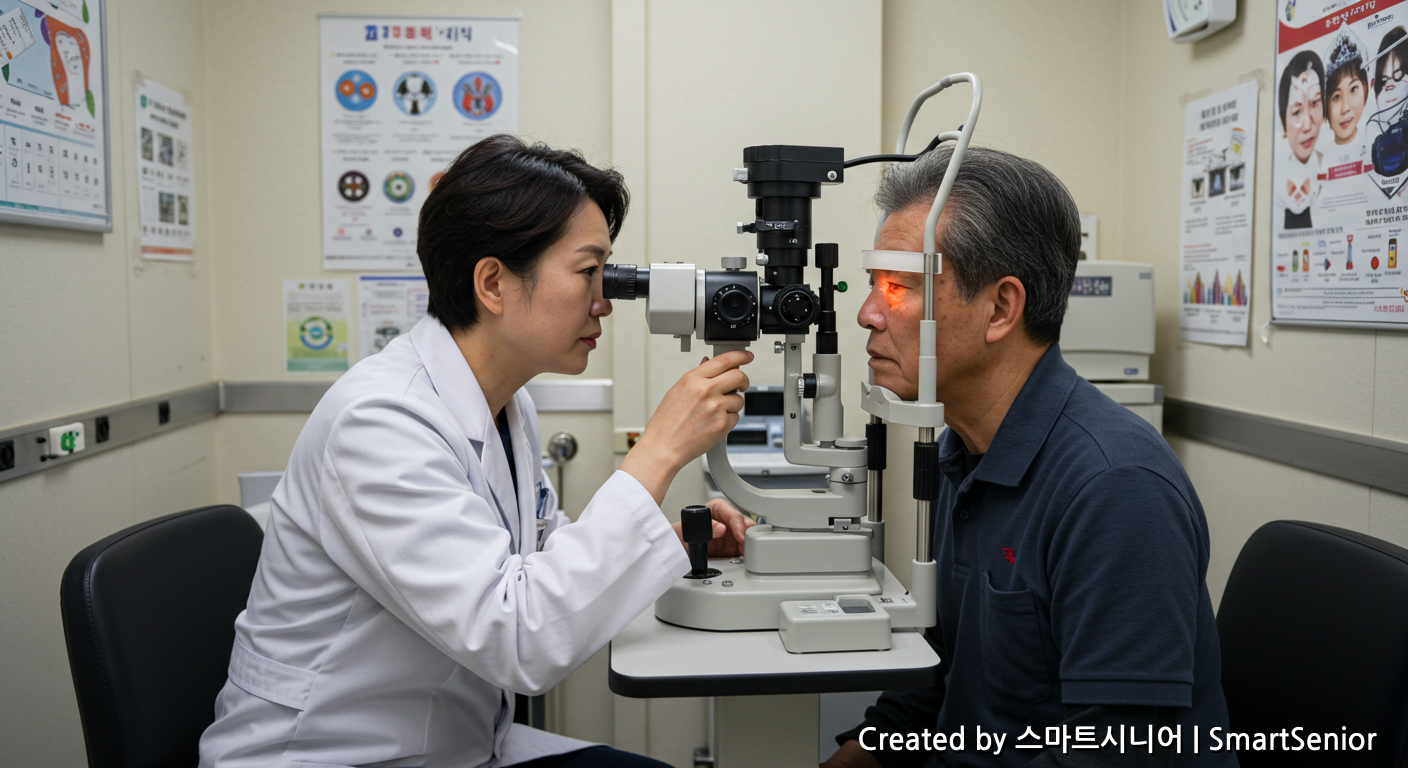 백내장 검진을 위해 안과 기계에 눈을 대고 검사를 받는 60대 한국인 남성