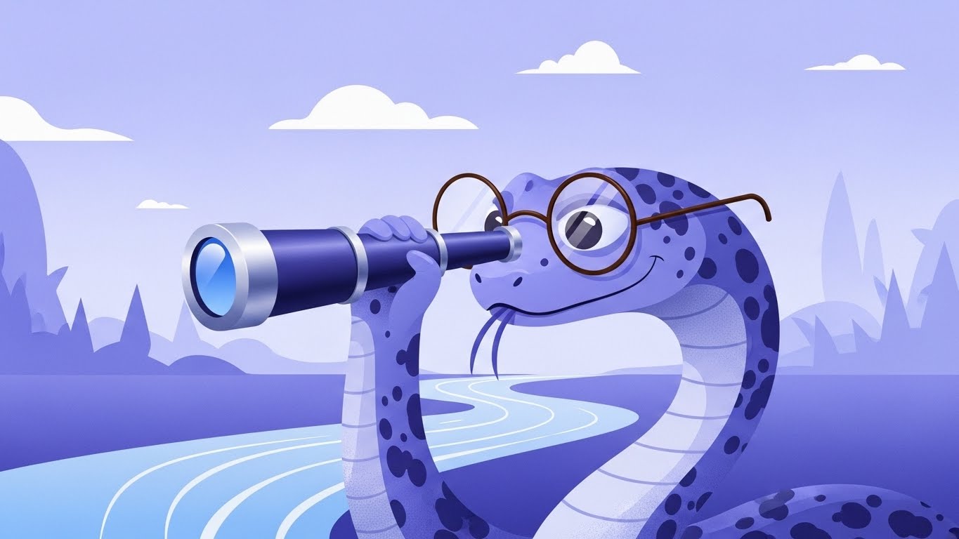 망원경을 통해 세상의 흐름을 냉철하게 관찰하고 본질을 꿰뚫어 보는 지적인 뱀띠 캐릭터 그래픽