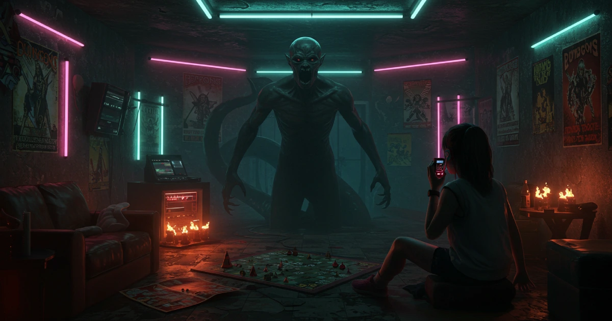 벡나와 마주한 소녀, 1980년대 분위기의 어두운 방