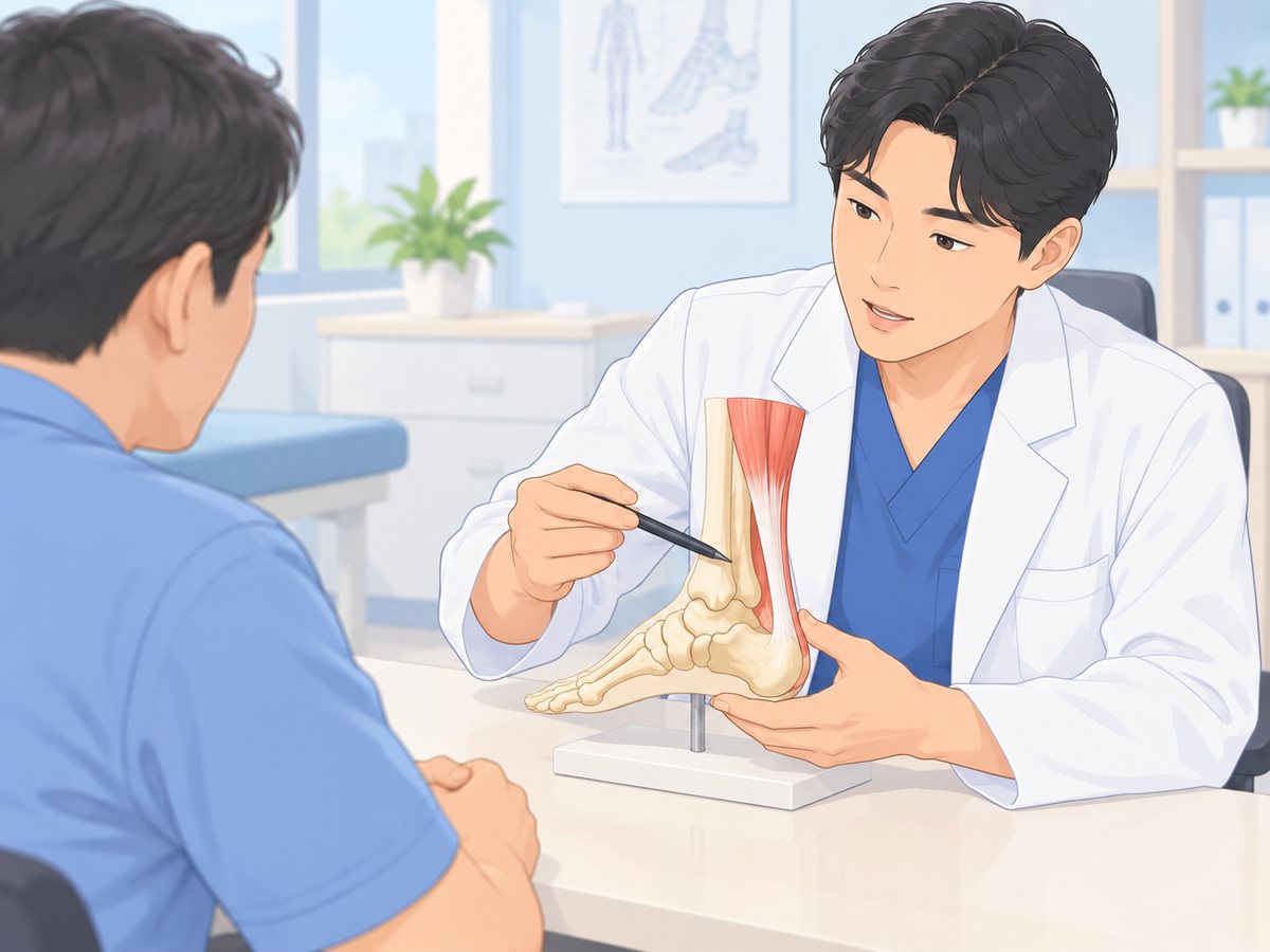 의사가 발목 모형 뒤쪽의 아킬레스건을 가리키며 설명하는 장면