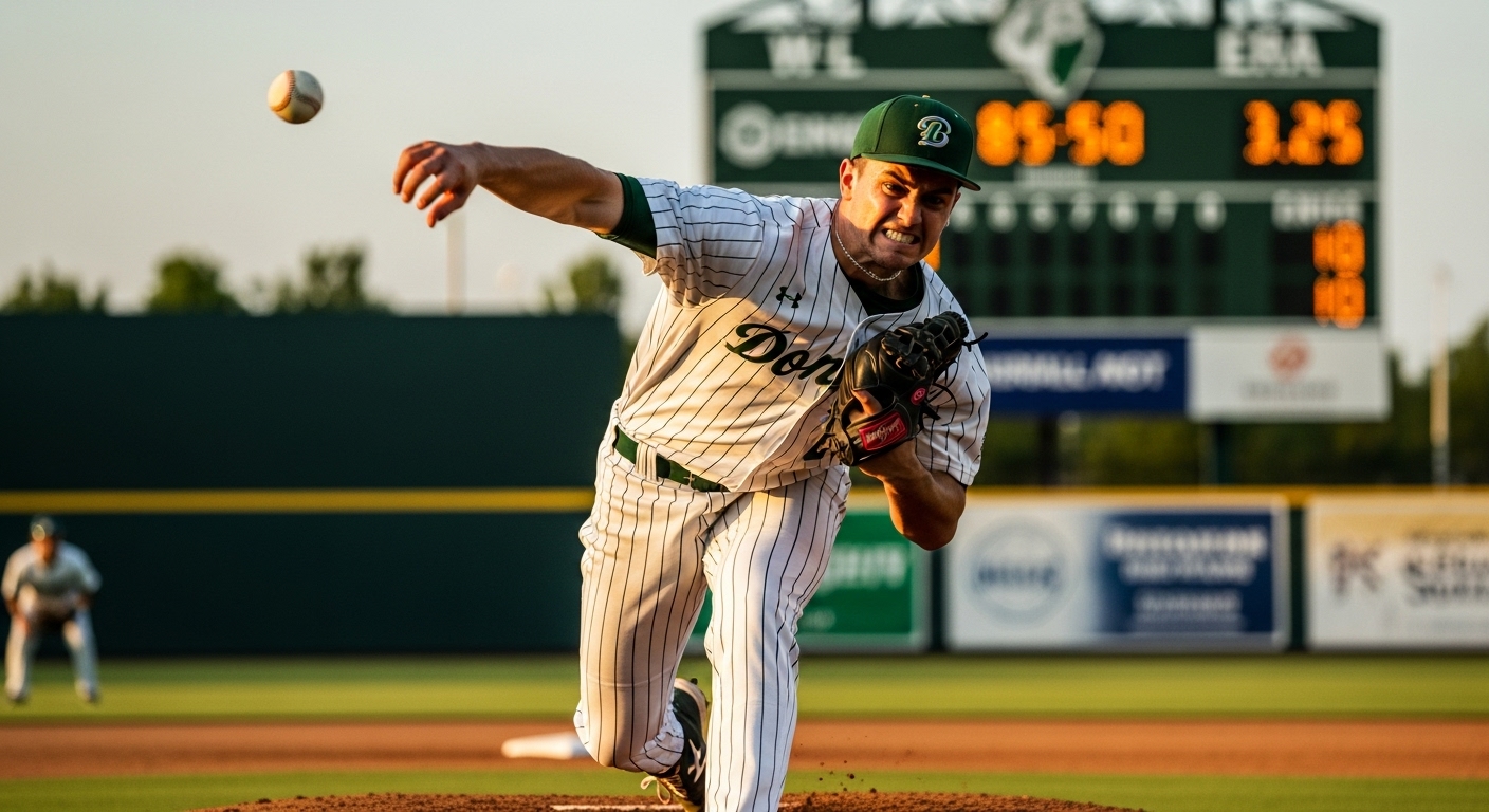 마운드 위에서 투구하는 투수의 모습. 배경에는 승패 기록과 평균자책점(ERA)이 흐릿하게 보이는 전광판이 있다.