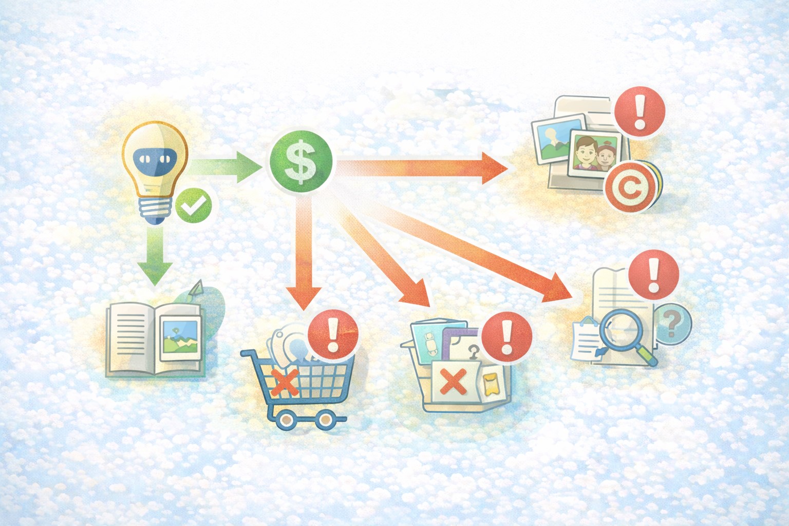 생성형 AI 콘텐츠 수익화에서 저작권 위험이 발생하는 지점을 아이콘과 화살표 흐름으로 정리한 텍스트 없는 대표 다이어그램 이미지