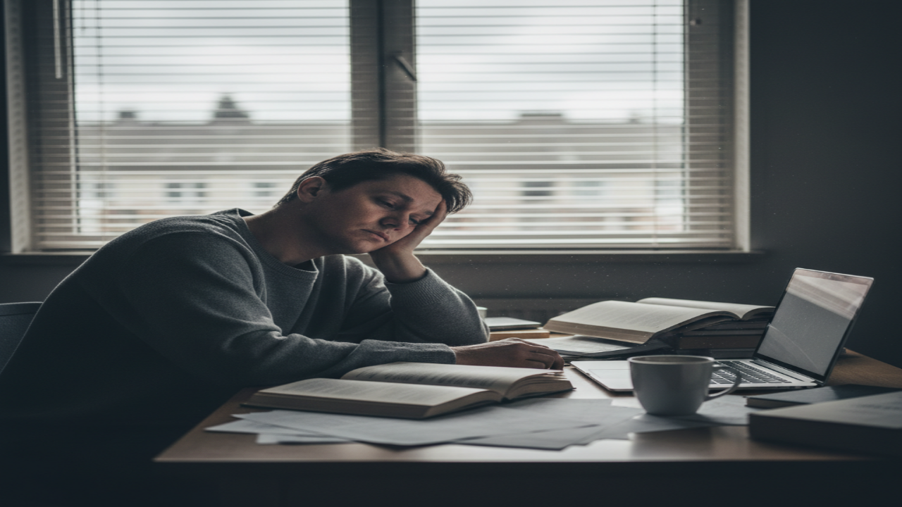 만성피로로 인해 하루 종일 무기력함을 느끼는 성인의 모습