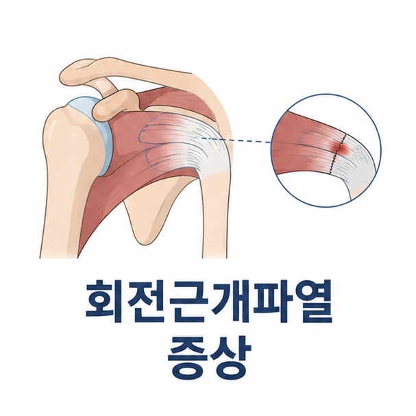 어깨 관절과 회전근개 힘줄을 이용해 회전근개파열이 발생하는 부위를 소개하는 그림