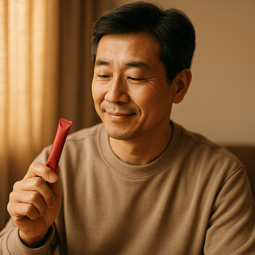 카무트 스틱 제품을 손에 들고 미소 짓는 중년 한국 남성(실내 자연광, 클로즈업)