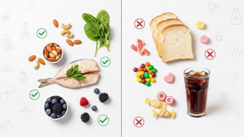 Comparison of healthy glucose-friendly foods like fish, nuts, berries, and vegetables versus high sugar processed foods such as white bread, candy, and soda
