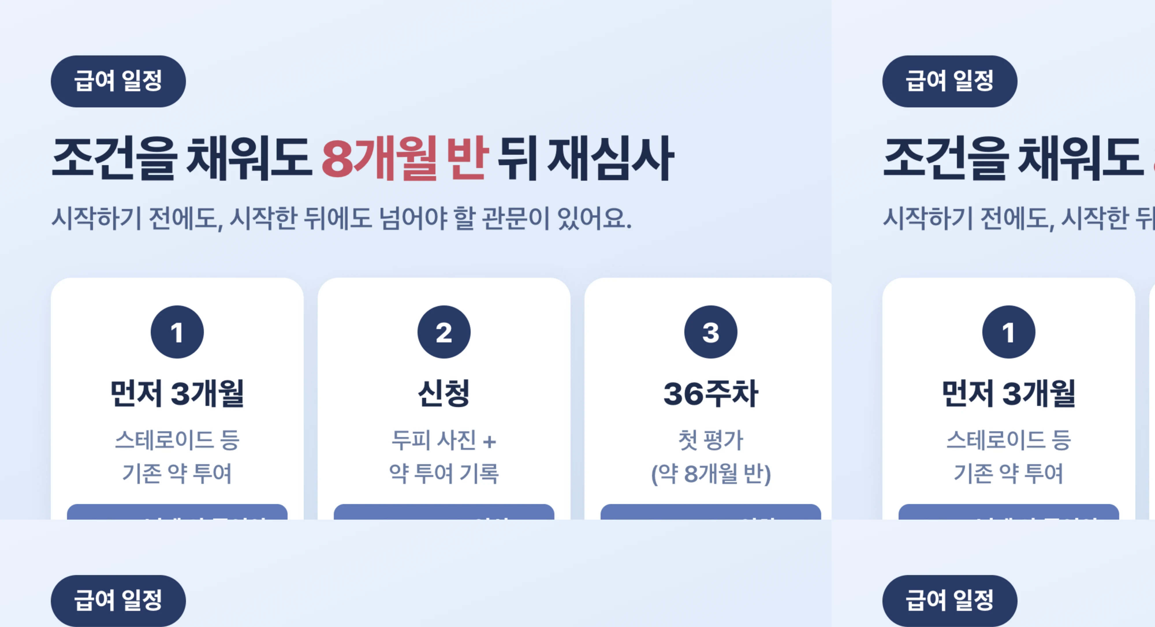 급여 신청부터 유지까지의 일정. 먼저 다른 약 3개월, 신청 시 SALT 50 이상, 36주차 평가 SALT 20 이하, 최대 2년