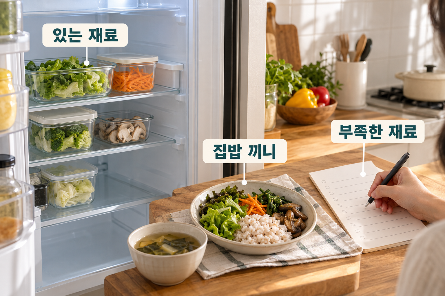 냉장고의 남은 채소를 보며 집밥 끼니와 구매목록을 적는 손