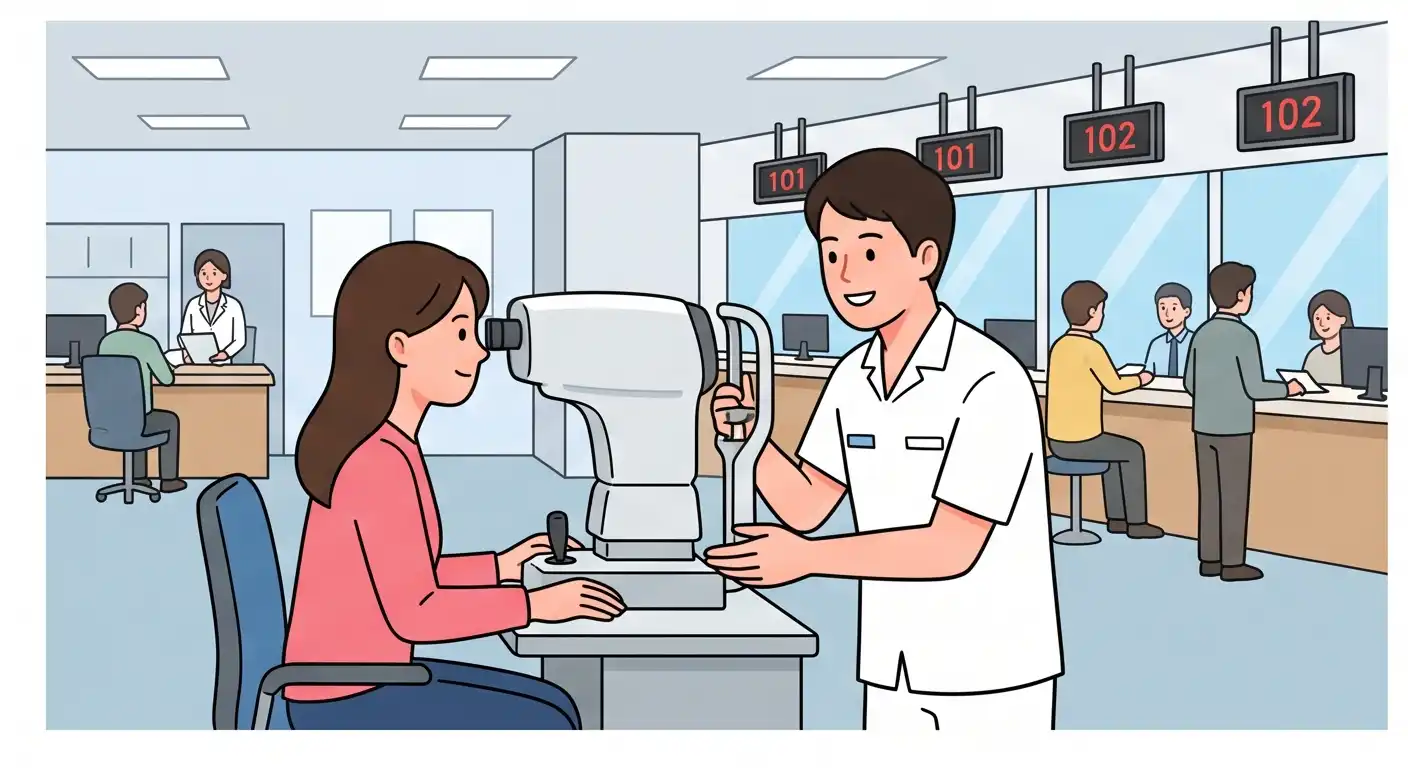 운전면허시험장 신체검사실에서 직원의 안내를 받으며 시력 검사 기계로 시력을 측정 중인 여성 일러스트