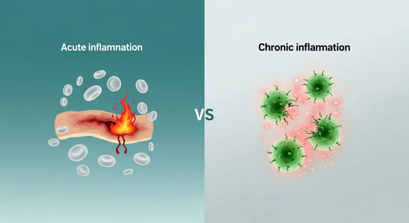 급성 염증(눈에 보이는 상처와 치유 과정)과 만성 염증(내부 세포를 은밀히 손상시키는 보이지 않는 염증)의 차이를 보여주는 비교 이미지.