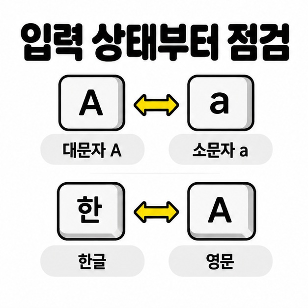 입력 상태부터 점검이라는 제목 아래 대문자 A와 소문자 a, 한글과 영문 입력 상태를 비교한 도식