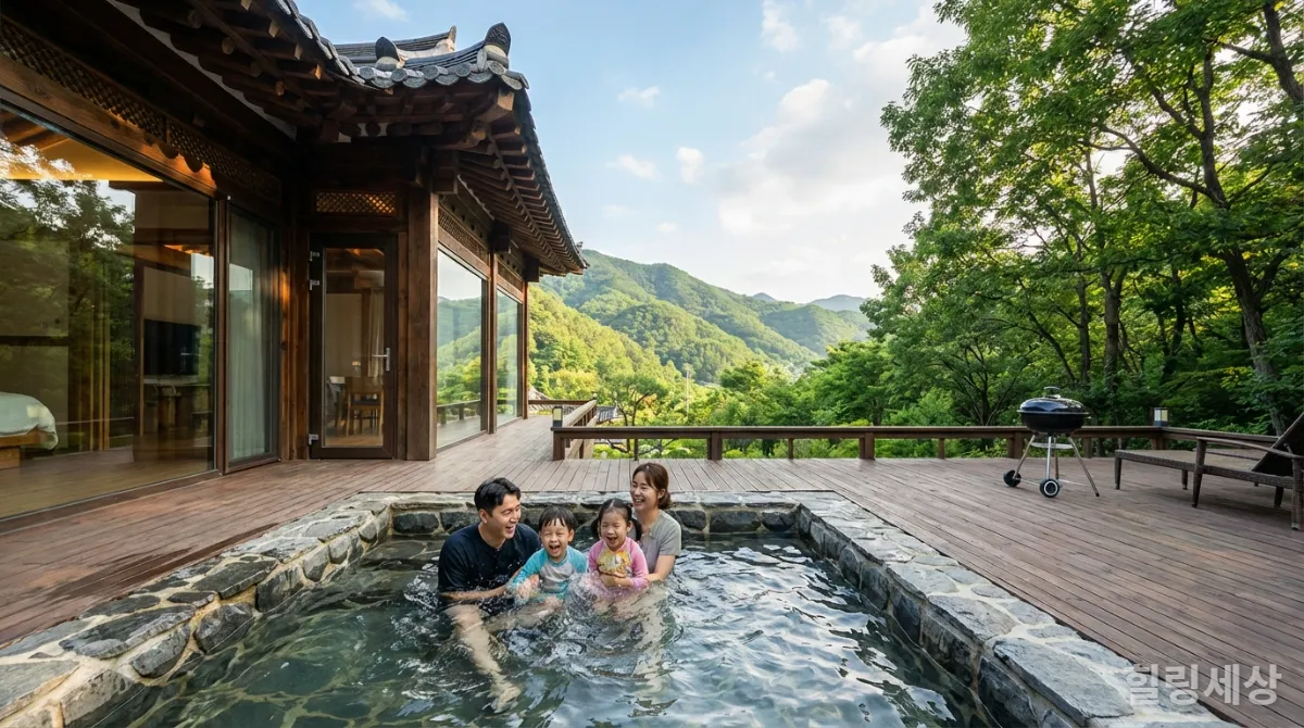 푸른 산과 하늘에 둘러싸인 한국의 자연 속 풀빌라에서 개인 수영장과 바비큐 시설을 즐기는 한국인 가족의 모습