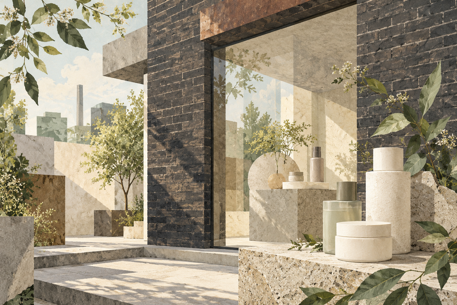 A textured editorial illustration of a brick and concrete shopfront with a large glass window, unbranded pale bottles and jars, and leafy branches.