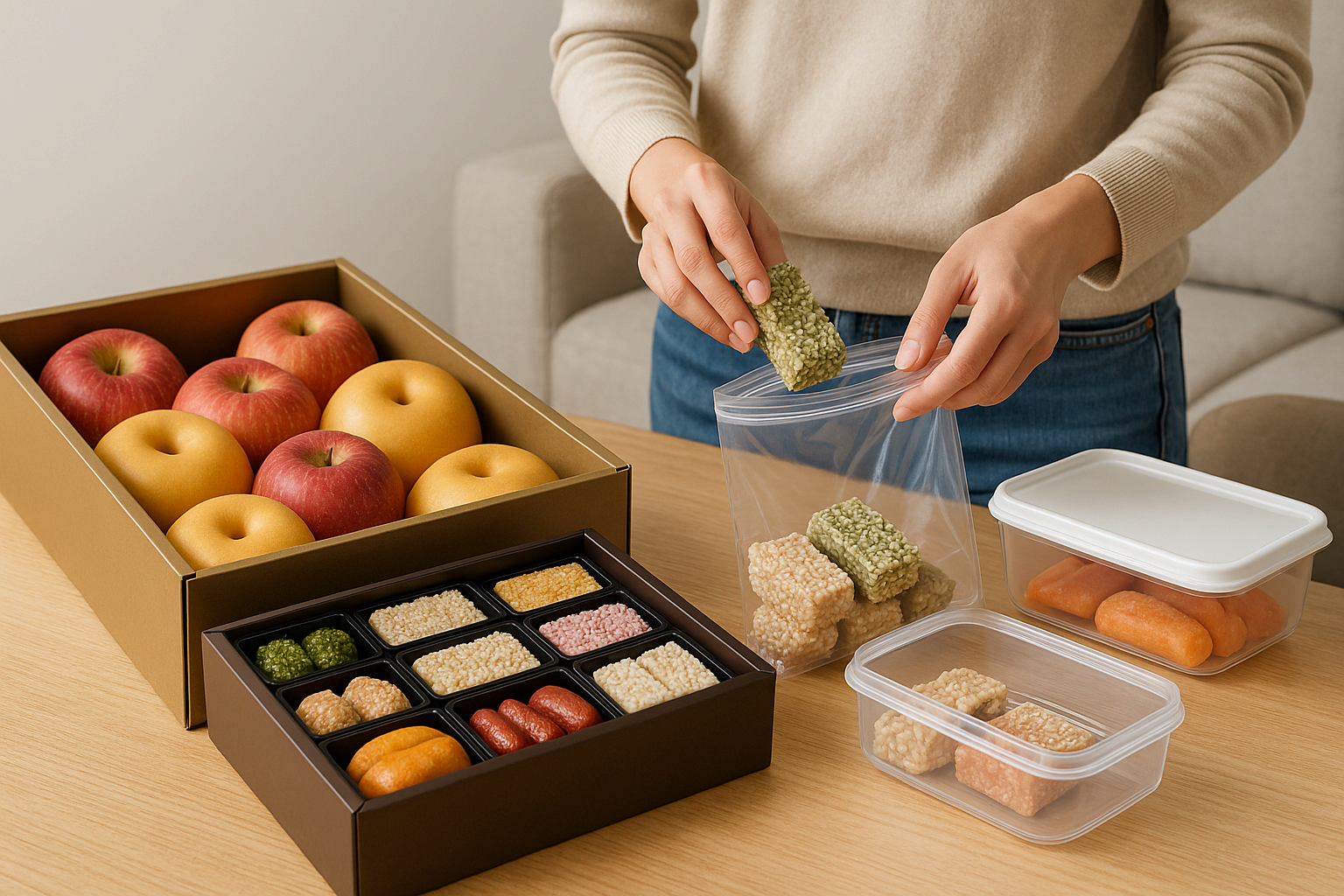 추석 선물로 받은 과일과 한과를 밀폐 용기에 옮겨 담는 모습