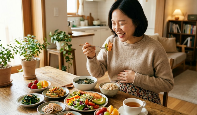 영양가 있고 맛있는 음식을 먹어서 즐거워하는 30대 한국인 임산부